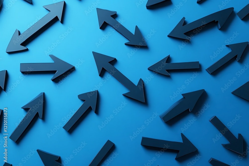 Many arrows pointing in different directions with one arrow showing main direction over blue background, solution, strategy, plan or success concept, Generative AI Many arrows pointing in different directions with one arrow showing main direction over blue background, solution, strategy, plan or success concept, Generative AI