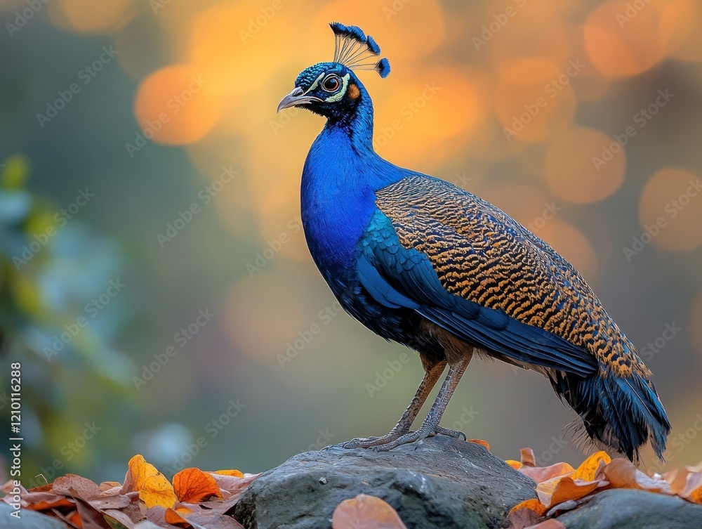 A vibrant peacock stands majestically on a rock in the forest during autumn season A vibrant peacock stands majestically on a rock in the forest during autumn season