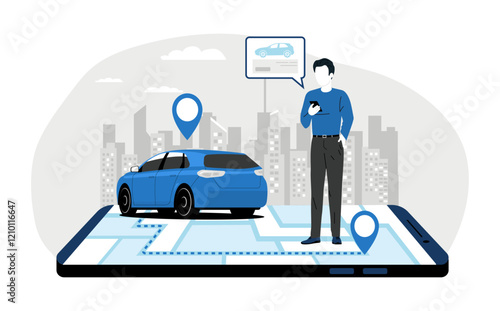 Man looking at smartphone screen while searching for rental car against city background. Concept illustration of car rental service. Vector illustration.