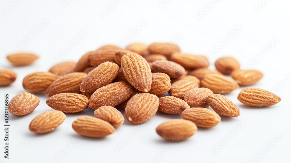 Almonds scattered on a bright white background showcasing their natural texture and color in a close-up view. Almonds scattered on a bright white background showcasing their natural texture and color in a close-up view.
