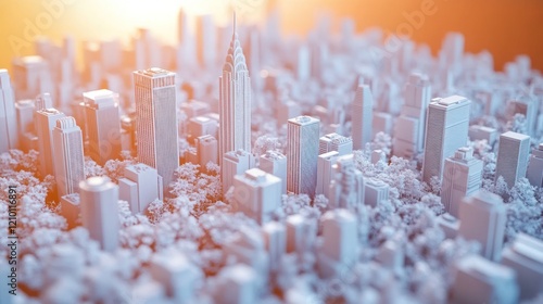 Fototapeta Naklejka Na Ścianę i Meble -  Stylized city model sunrise, urban planning