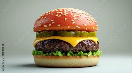 deliciously stacked cheeseburger with lettuce pickles and sesame seed bun on a minimalist background photo