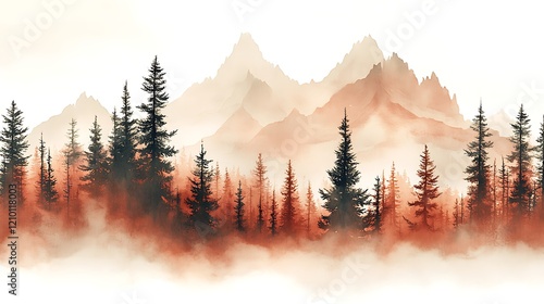 Misty Mountain Majesty: A breathtaking watercolor landscape depicting a majestic mountain range shrouded in mist, with dark evergreen trees silhouetted against the warm, earthy tones of the mountains. photo