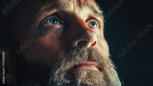 Close-up Portrait of a Middle-Aged Man with Microcephalus Displaying Intense Expression, Emphasizing Blue Eyes and Gray Beard in Dim Lighting photo