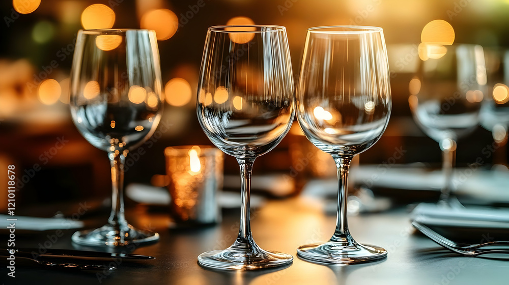 Elegant Wine Glasses on a Table Setting with Warm Lighting Elegant Wine Glasses on a Table Setting with Warm Lighting