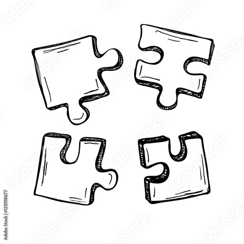 Four pieces of puzzle. Puzzle jigsaw on white background. Collection of hand drawn elements. Vector illustrat