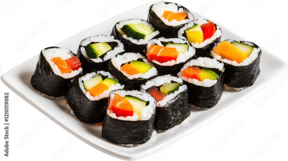 A colorful plate of rainbow vegetable sushi rolls with avocado, cucumber, carrot A colorful plate of rainbow vegetable sushi rolls with avocado, cucumber, carrot
