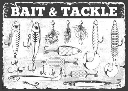 Illustration of fishing bait and tackle equipment