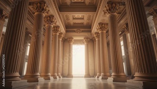 Grand Classical Hallway: Ornate Columns, Sunlight, Architecture, Interior Design, Ancient Greece, Roman, Majestic, Power, History