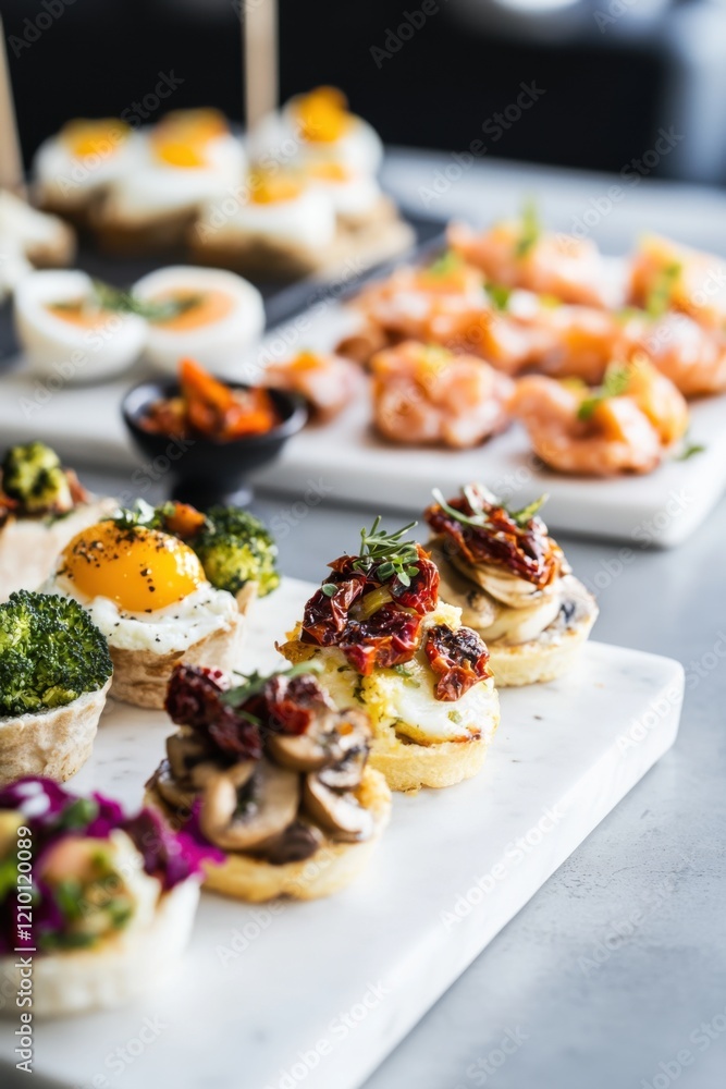 Mini casseroles with vibrant ingredients arranged on a porcelain platter Mini casseroles with vibrant ingredients arranged on a porcelain platter