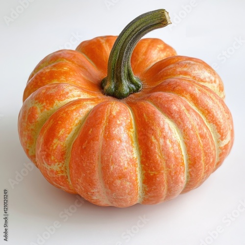 Freshly harvested orange pumpkin with sturdy green stem ready for autumn seasonal decorations photo