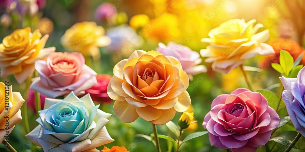 Colorful paper roses in a garden setting with a soft focus background and natural light filtering through the petals, garden decor, yellow flowers Colorful paper roses in a garden setting with a soft focus background and natural light filtering through the petals, garden decor, yellow flowers
