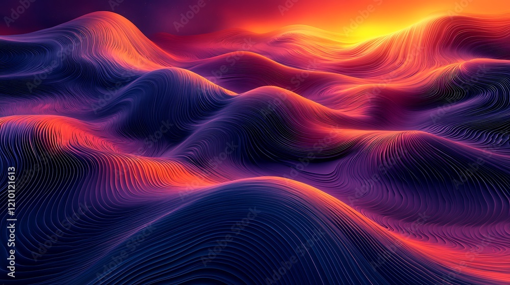 Obraz premium Abstract Sunset Landscape: A surreal, digitally-rendered landscape with undulating lines and vibrant colors evokes the feeling of a fiery sunset over a distant horizon. The bold hues of orange, red.