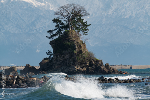 Obraz na płótnie 雨晴海岸・女岩と立山連峰 w salonie