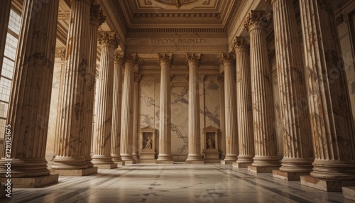 Grand Classical Hallway: Marble Columns, Statues, Sunlight, Ancient Architecture, Interior Design, Greco-Roman Temple photo