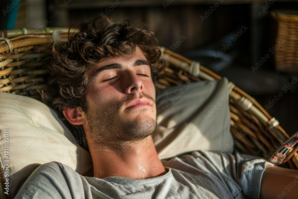 Obraz premium Young man relaxing and sleeping in wicker chair during hot summer day