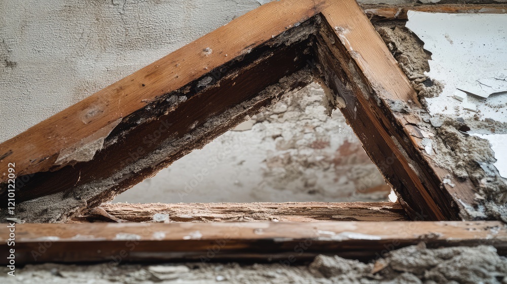 Weathered Wooden A Frame Mirror with Structural Damage and Exposed Textures in an Abandoned Space Featuring Earthy Tones and Distressed Surfaces Weathered Wooden A Frame Mirror with Structural Damage and Exposed Textures in an Abandoned Space Featuring Earthy Tones and Distressed Surfaces