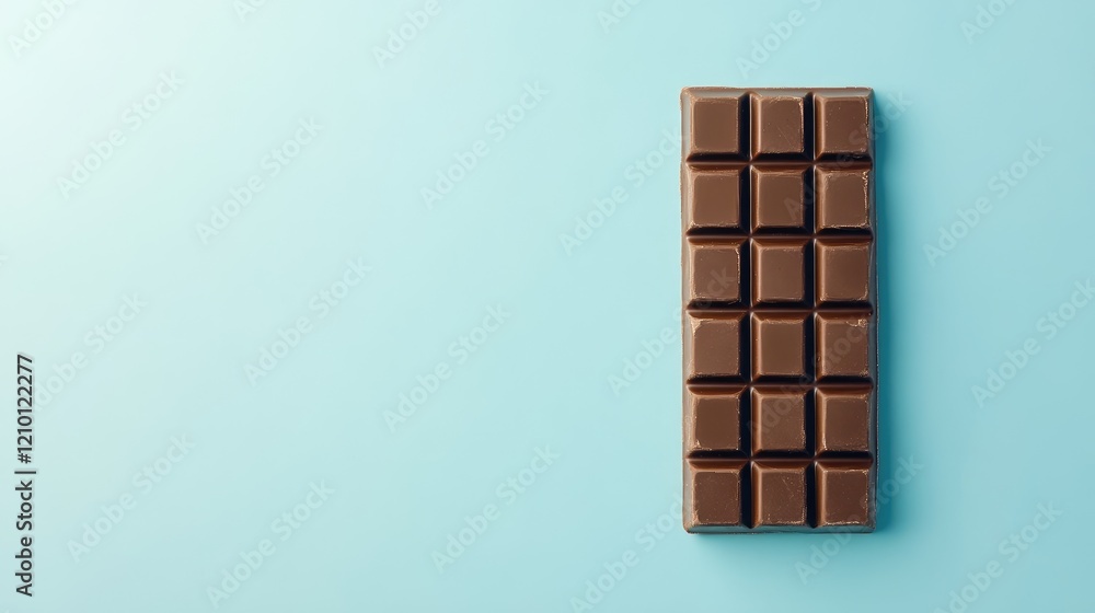 Chocolate bar on pastel blue background showcasing glossy surface and detailed texture for dessert or confectionery advertising. Chocolate bar on pastel blue background showcasing glossy surface and detailed texture for dessert or confectionery advertising.