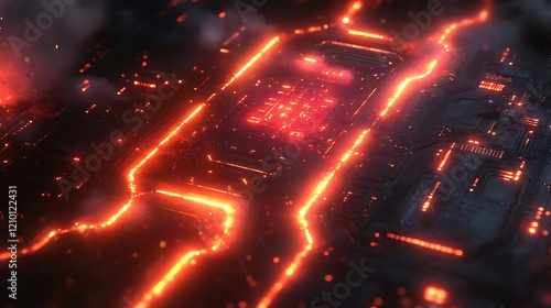 Molten Core Circuitry: An abstract digital art image depicting a futuristic circuit board with glowing, molten-like orange and red pathways, evoking a sense of intense energy and technological power.