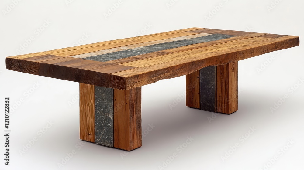 Fototapeta premium Reclaimed wood dining table with natural stone tile accents in a modern design, showcasing rich brown and gray colors, front view.
