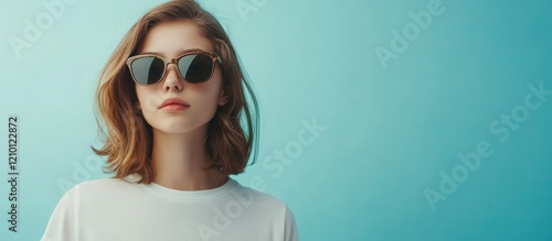 Fashionable teenage girl with chic sunglasses and casual white t-shirt against a vibrant turquoise background, ideal for modern lifestyle imagery. photo