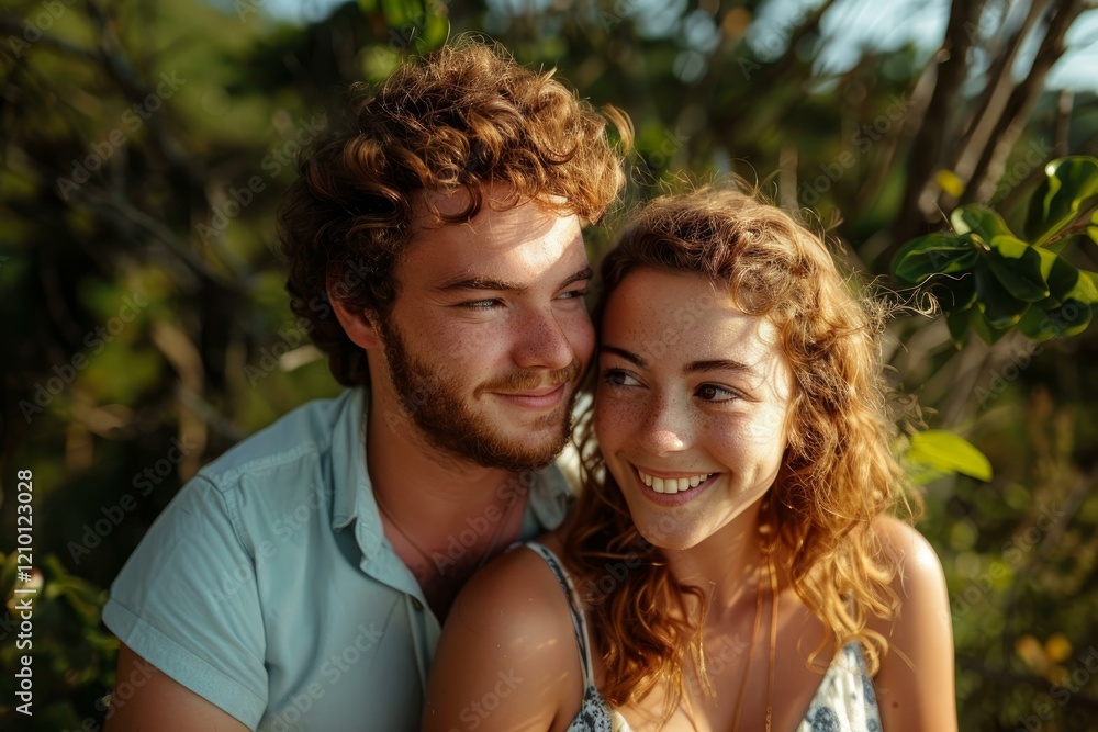 Fototapeta premium Young couple spending quality time together in nature, smiling and enjoying each other's company