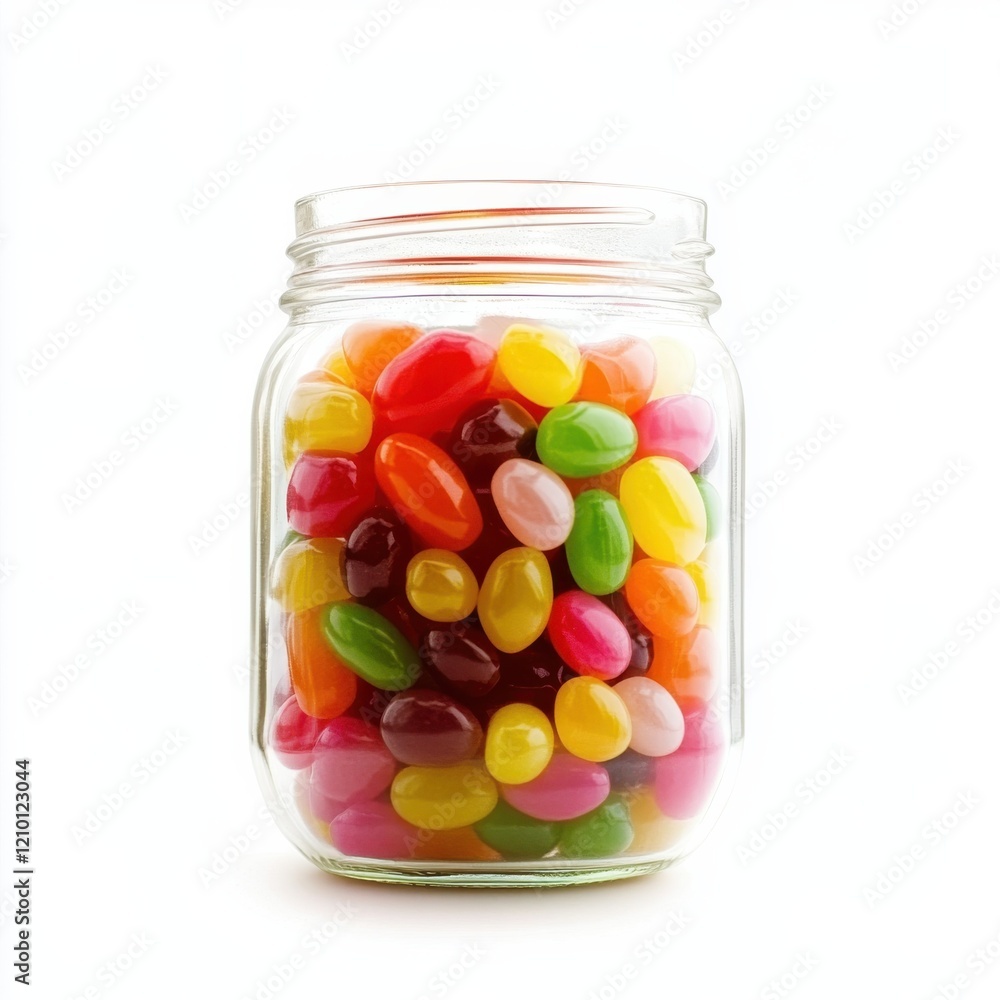 Clear jar filled with colorful jellybeans in a bright setting perfect for sweet treats and candy lovers Clear jar filled with colorful jellybeans in a bright setting perfect for sweet treats and candy lovers
