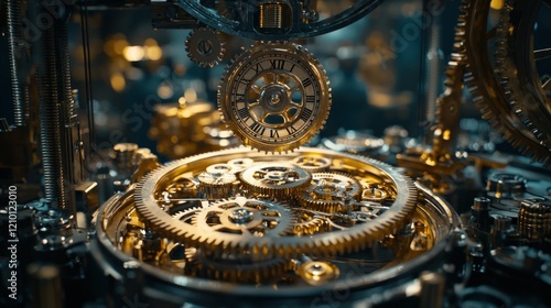 Clockwork gears turning, time passing, complex mechanism, dark background, for abstract concepts photo