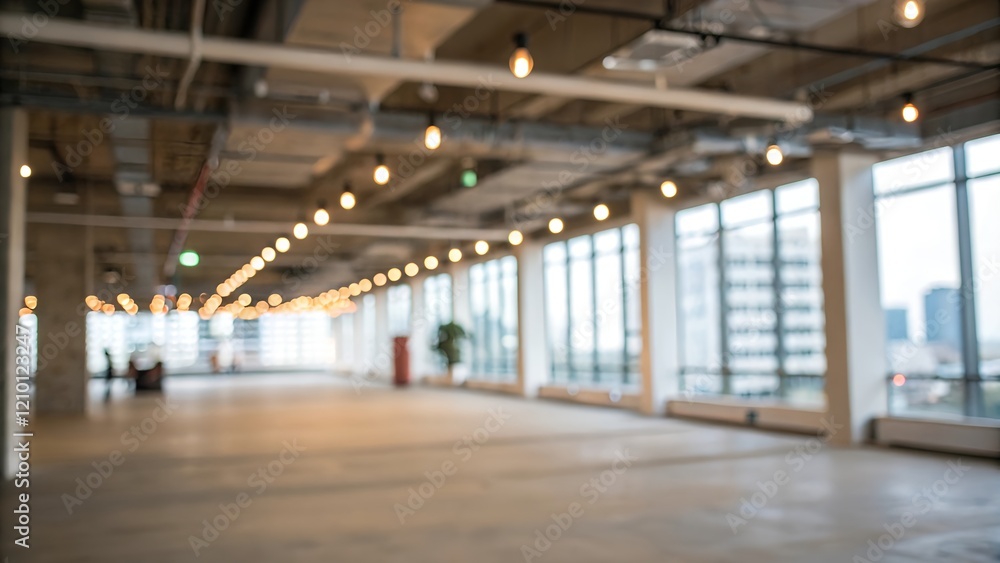 Fototapeta premium Blurred empty open space office. Abstract light bokeh at office interior background