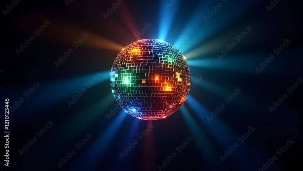 A shiny, multicolored disco ball reflecting light on a dark background A shiny, multicolored disco ball reflecting light on a dark background