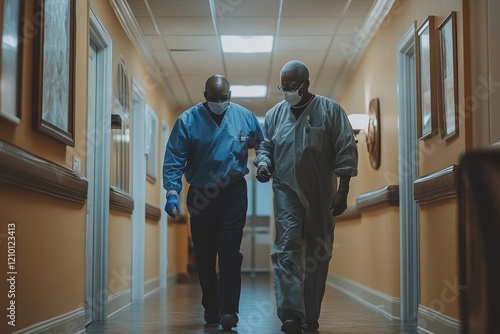 Senior black man walks with assistance of healthcare worker in nursing home. Generative AI