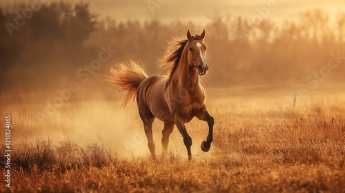 Majestic Golden Horse Galloping with Determination in Dusty Sunrise Landscape Surrounded by Autumn Trees and Soft Morning Light