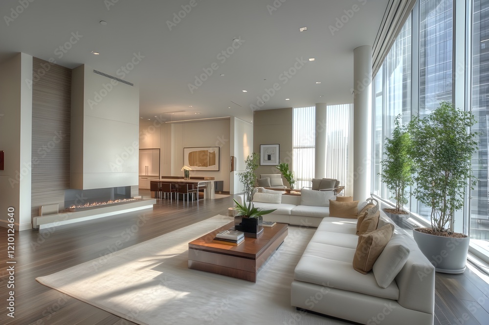 Fototapeta premium Modern home interior with minimalist design, featuring clean lines, neutral tones, sleek furniture and natural light streaming in through large windows looks appealing