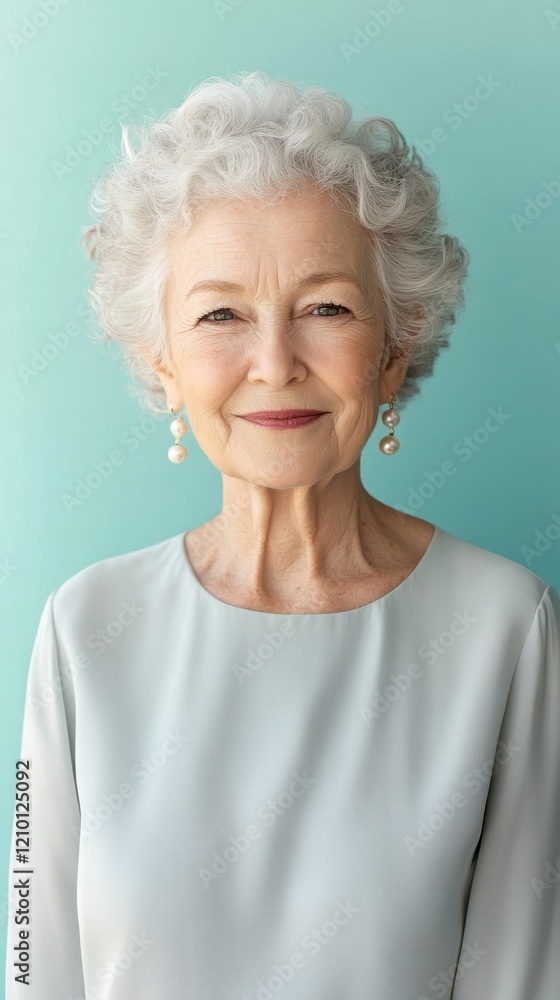 Captivating minimalist portrait of an older woman with curly hair against a soft turquoise backdrop Captivating minimalist portrait of an older woman with curly hair against a soft turquoise backdrop