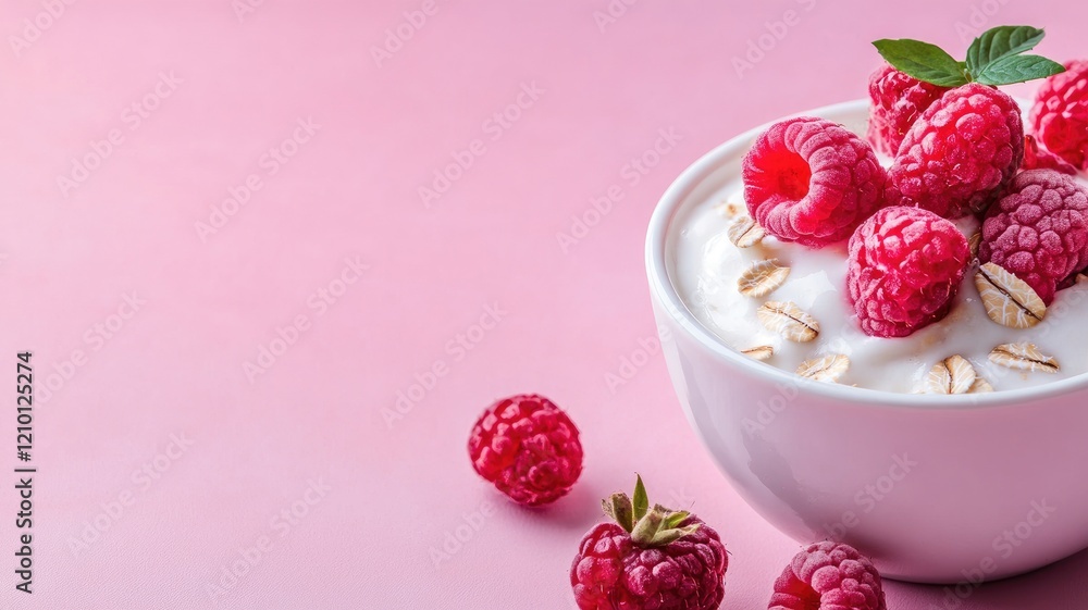 Fresh yogurt topped with raspberries and oats in white bowl on pink background