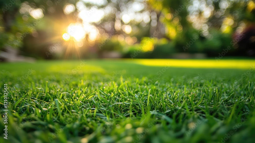 Dynamic sustainable landscape management showcasing lush green grass illuminated by golden sunlight in a serene outdoor environment Dynamic sustainable landscape management showcasing lush green grass illuminated by golden sunlight in a serene outdoor environment
