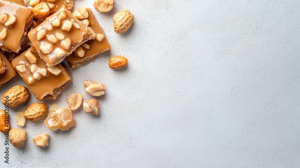 Sweet caramel treats with nuts on light background Sweet caramel treats with nuts on light background