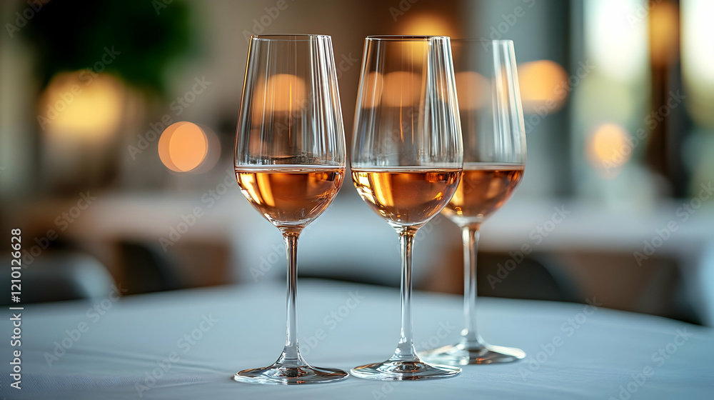 Fototapeta premium Three glasses of delicate ros? wine on a table in an elegant restaurant setting