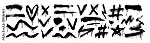 Collection of brush drawn symbols and underlines with spray painted texture and drips. Hand drawn rough bold object for collages, templates, presentations and diagrams. Bold graffiti style shapes.
