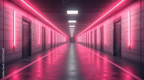 Neon Corridor Glow  A long  sleek corridor bathed in vibrant pink neon light  creating a futuristic and mysterious atmosphere.