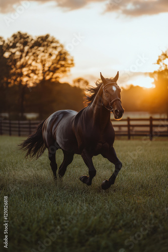 Horse running freely across a field, silhouetted against a warm sunset sky photo