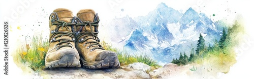 Close-up of hiking boots resting on a trail with a beautiful mountain backdrop in a watercolor style