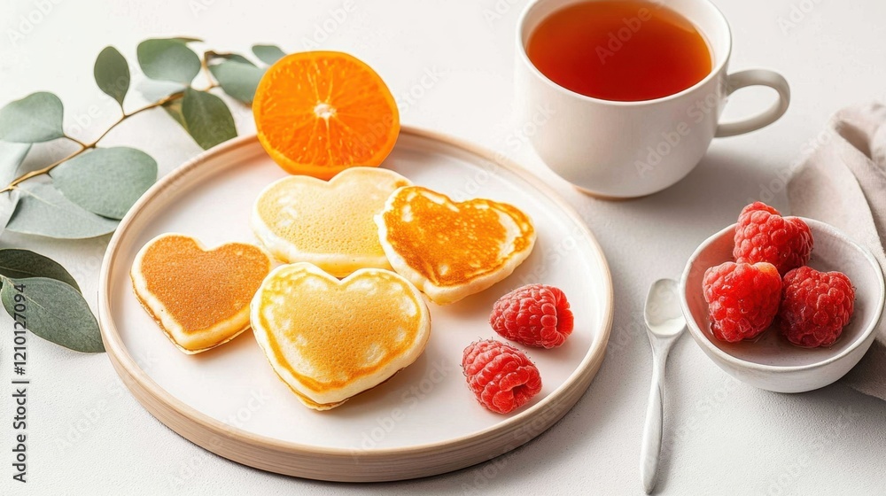 Heart-Shaped Pancakes with Fresh Fruit and Tea in Cozy Setup Heart-Shaped Pancakes with Fresh Fruit and Tea in Cozy Setup