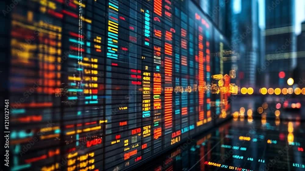 Urban Stock Market Display: A vibrant, dynamic display of stock market data dominates the cityscape at night. Urban Stock Market Display: A vibrant, dynamic display of stock market data dominates the cityscape at night.
