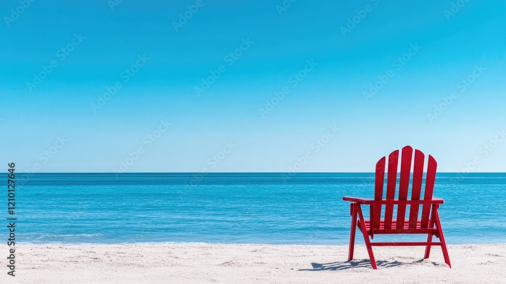 Red chair on sandy beach against blue ocean and sky Red chair on sandy beach against blue ocean and sky