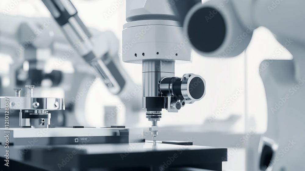 Fototapeta premium A robotic system performing detailed assembly of high-precision optics in a clean, high-tech optics lab, modern and precise environment with a focus on optical technology