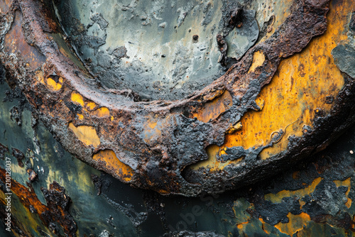 Graphic detail shot of a rusty anchor chain. Color, texture, angles, make for an interesting abstract piece. Strong, connected, secure are terms that come to mind photo