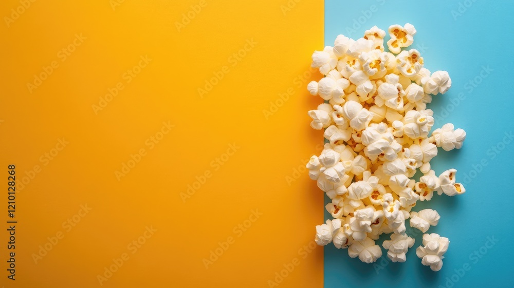 Fresh popcorn scattered on vibrant yellow and blue background Fresh popcorn scattered on vibrant yellow and blue background