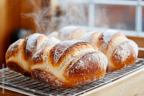 A zwieback loaf fresh out of the oven, cooling on a wire rack, with steam rising gently in the air photo