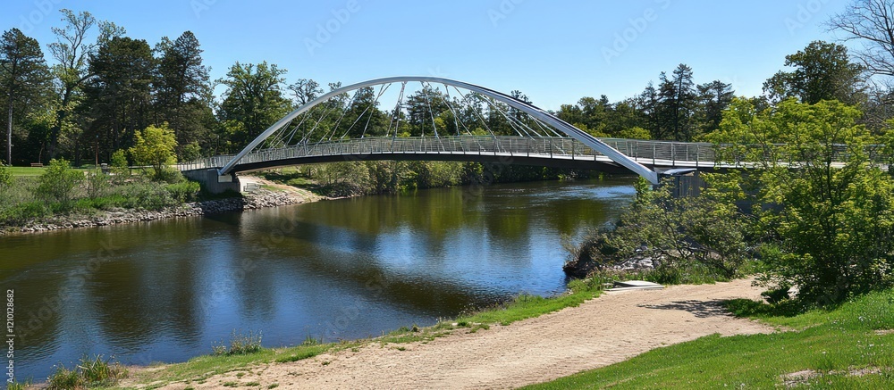 Fototapeta premium Modern arch bridge spans river, park background, sunny day